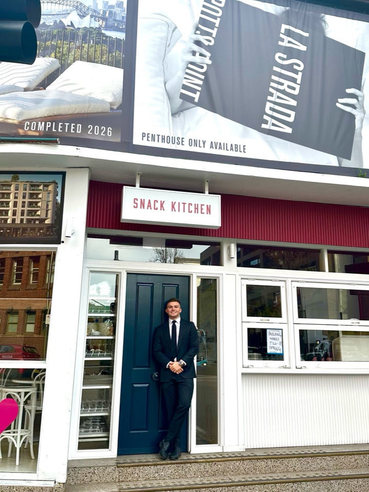 Cooper outside La Strada, Potts Point — where he sold the penthouse for $20,000,000, a Macleay Street record.