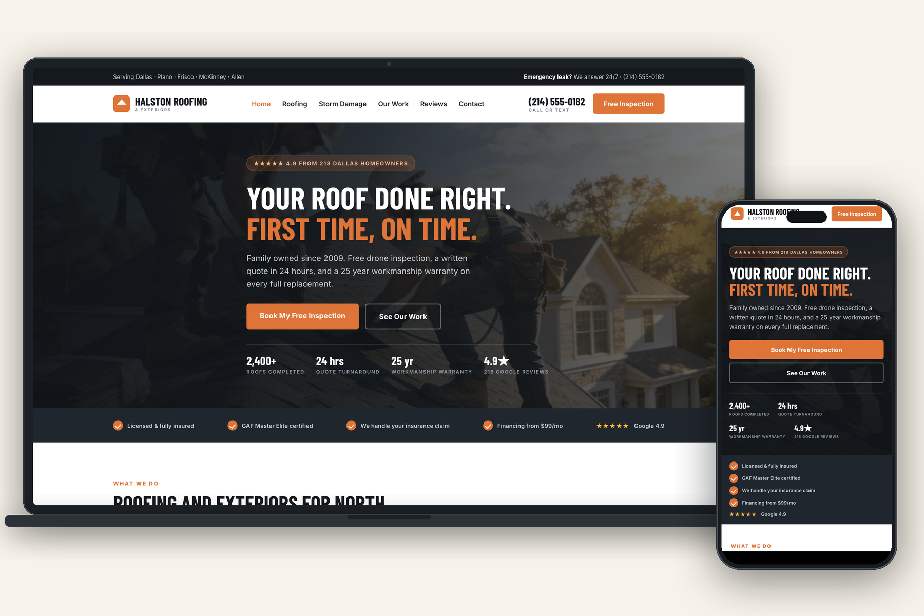 Roofing company website built by Collar, shown on laptop and phone